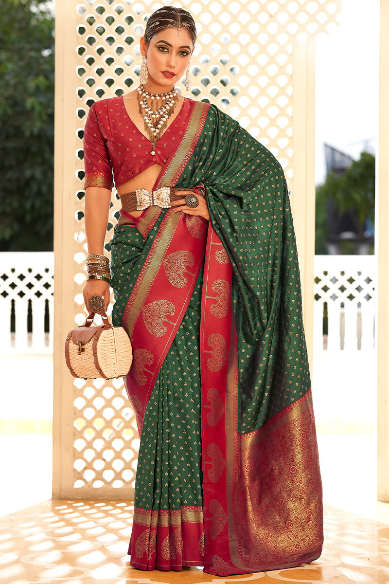 Mineral Green and Red Soft Banarasi Silk Saree