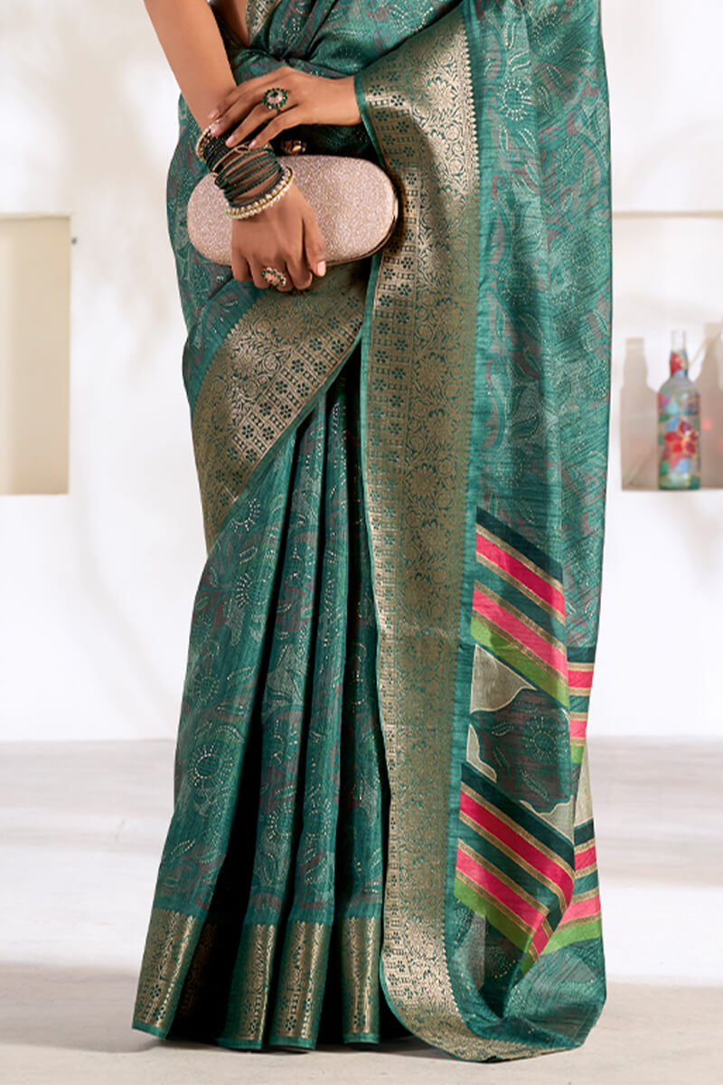 Mineral Green Foil Printed Dola silk saree