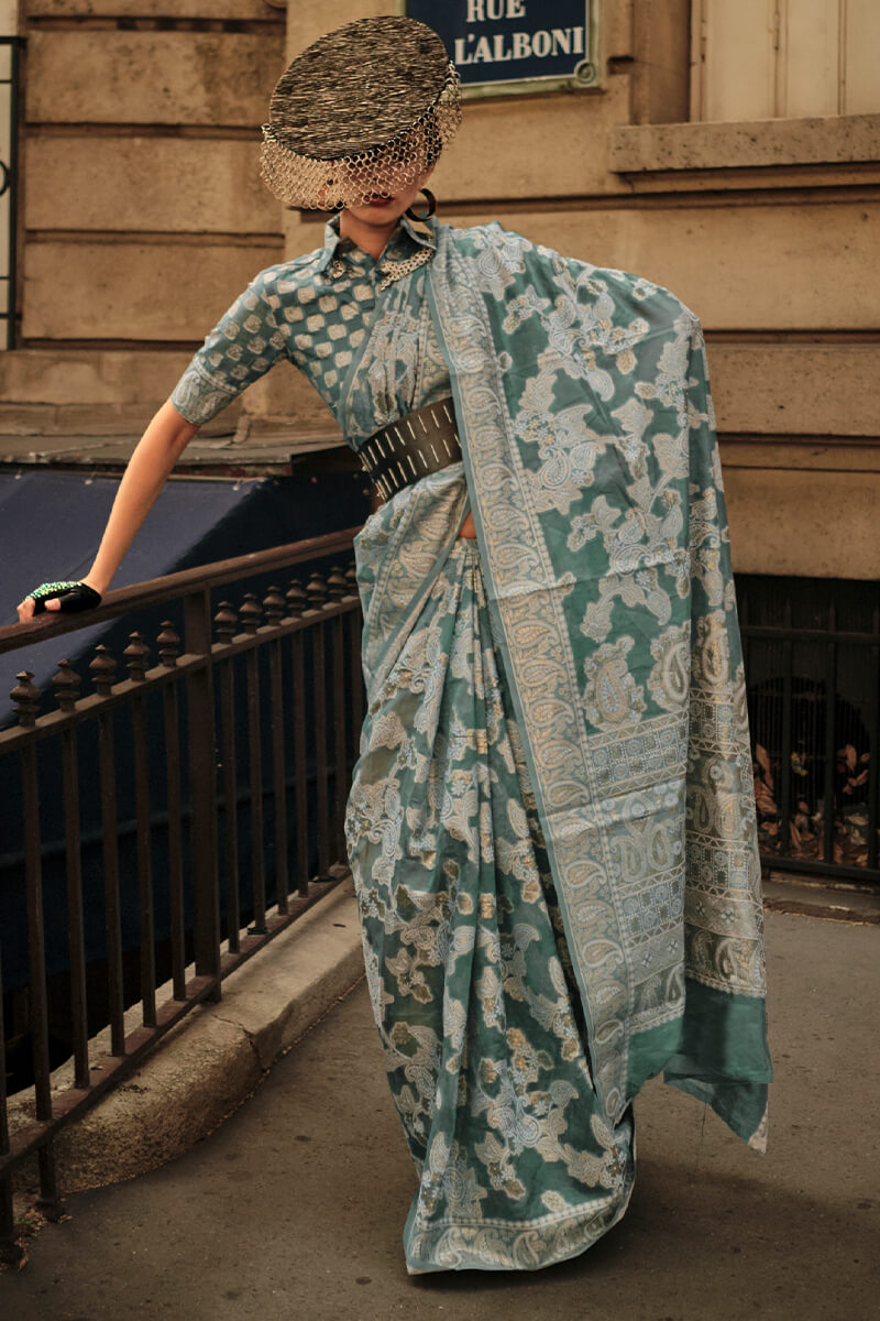 Mineral Green Lucknowi Chikankari Saree