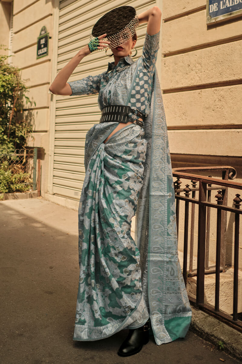 Mineral Green Lucknowi Chikankari Saree