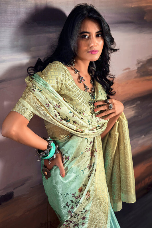 Mint Green Floral Printed Satin Silk Saree