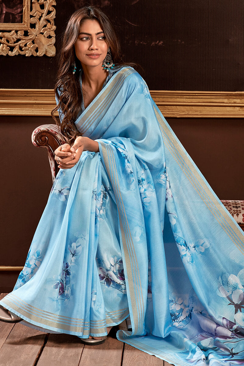 Moonstone Blue Floral Printed Silk Saree