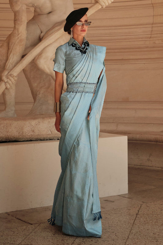 Moonstone Blue Kanjivaram Satin Silk Saree