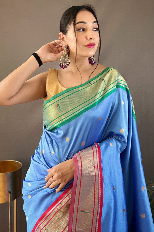 Moonstone Blue Paithani Silk Saree