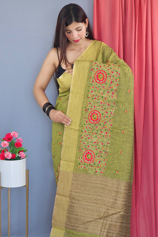 Muddy Green Embroidered Work Linen Saree