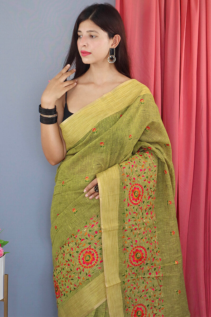 Muddy Green Embroidered Work Linen Saree