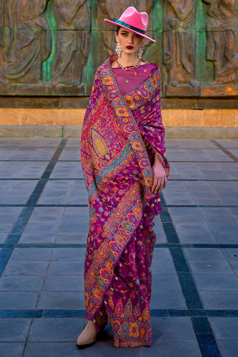 Mulberry Purple Kashmiri Weaving Organza Silk Saree