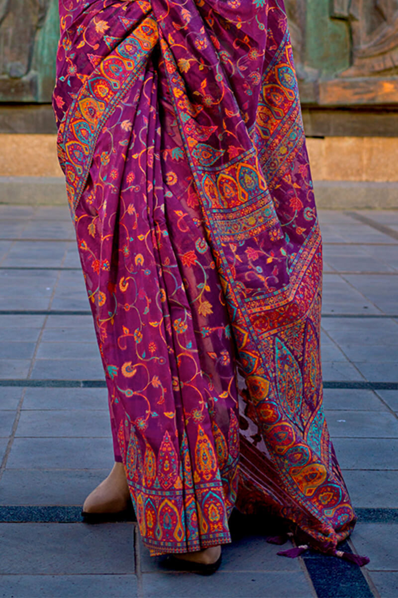 Mulberry Purple Kashmiri Weaving Organza Silk Saree