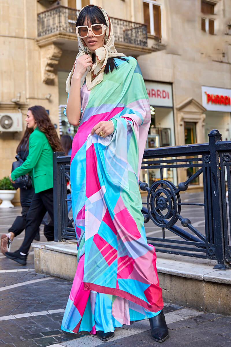 Multi color Digital Printed Satin Silk Saree