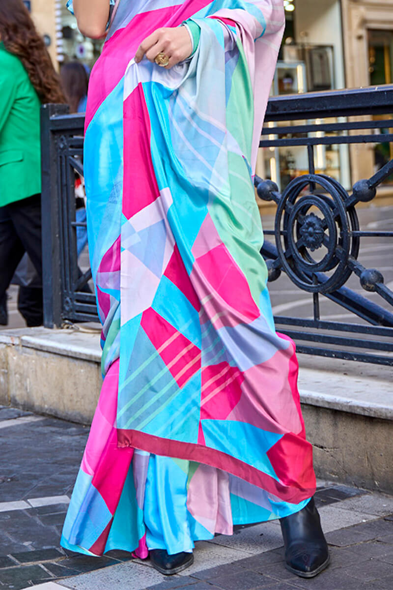 Multi color Digital Printed Satin Silk Saree