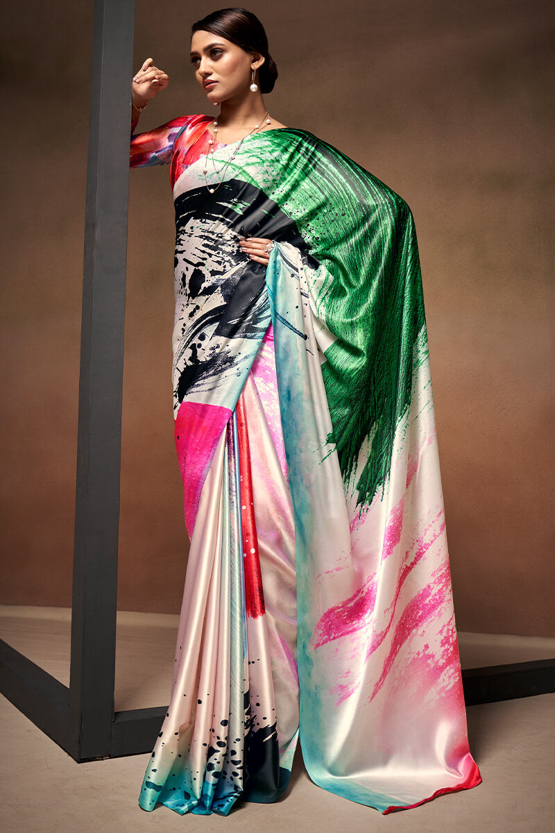 Multicolor Printed Satin Silk Saree