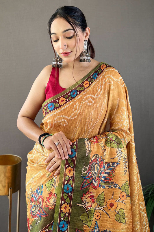 Mustard Brown Printed Cotton Silk Saree