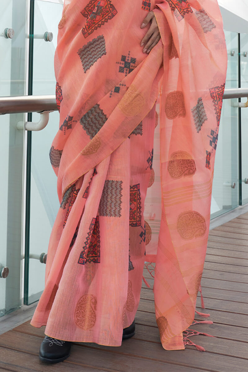 Muted Pink Zari Woven Printed Tissue Silk Saree