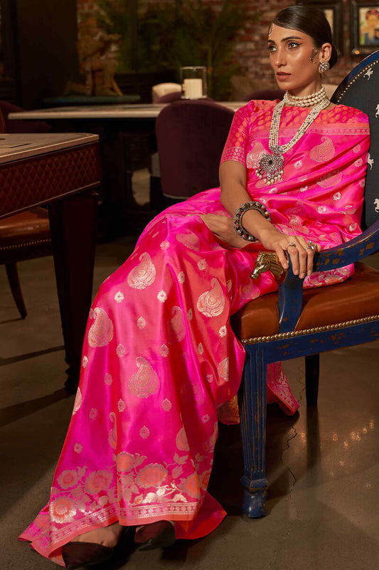 Neon Pink Zari Woven Satin Silk Saree