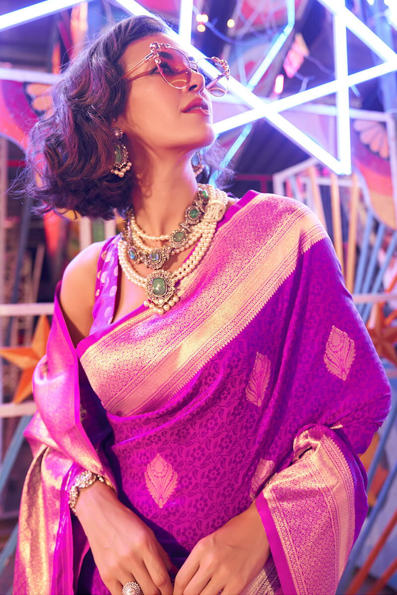 Neon Purple Banarasi Handloom Silk Saree