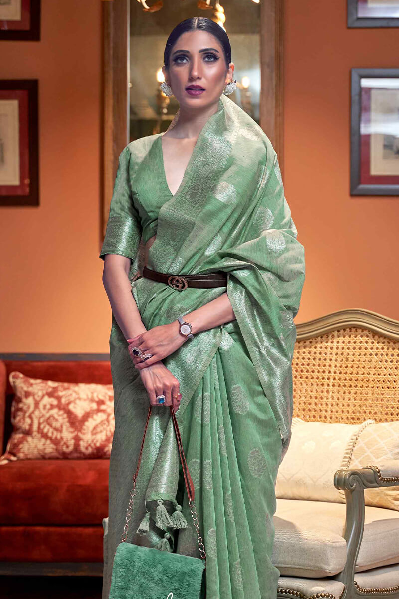 Neptune Green Linen Silk Saree