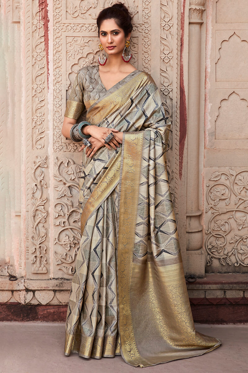 Olive Grey Digital Printed Soft Silk Saree