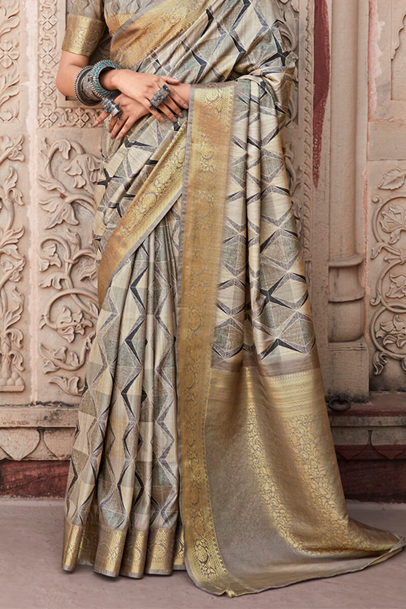 Olive Grey Digital Printed Soft Silk Saree