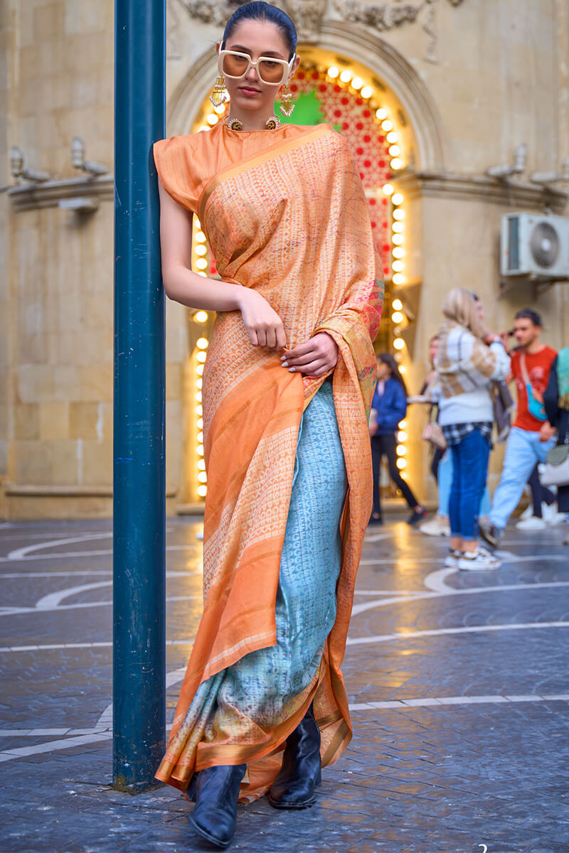 Orange and Blue Printed Handloom Weaving Silk Saree