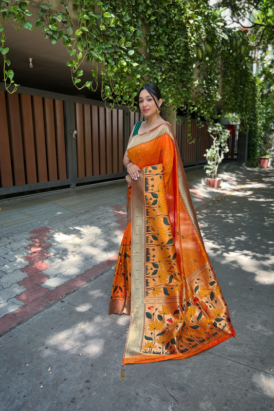 Orange Paithani Silk Saree with Zari Work