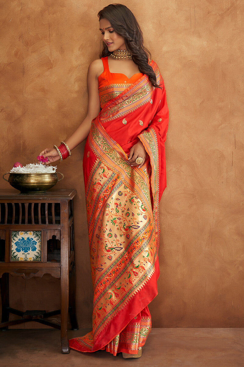 Orangey Red Zari Woven Banarasi Silk Saree