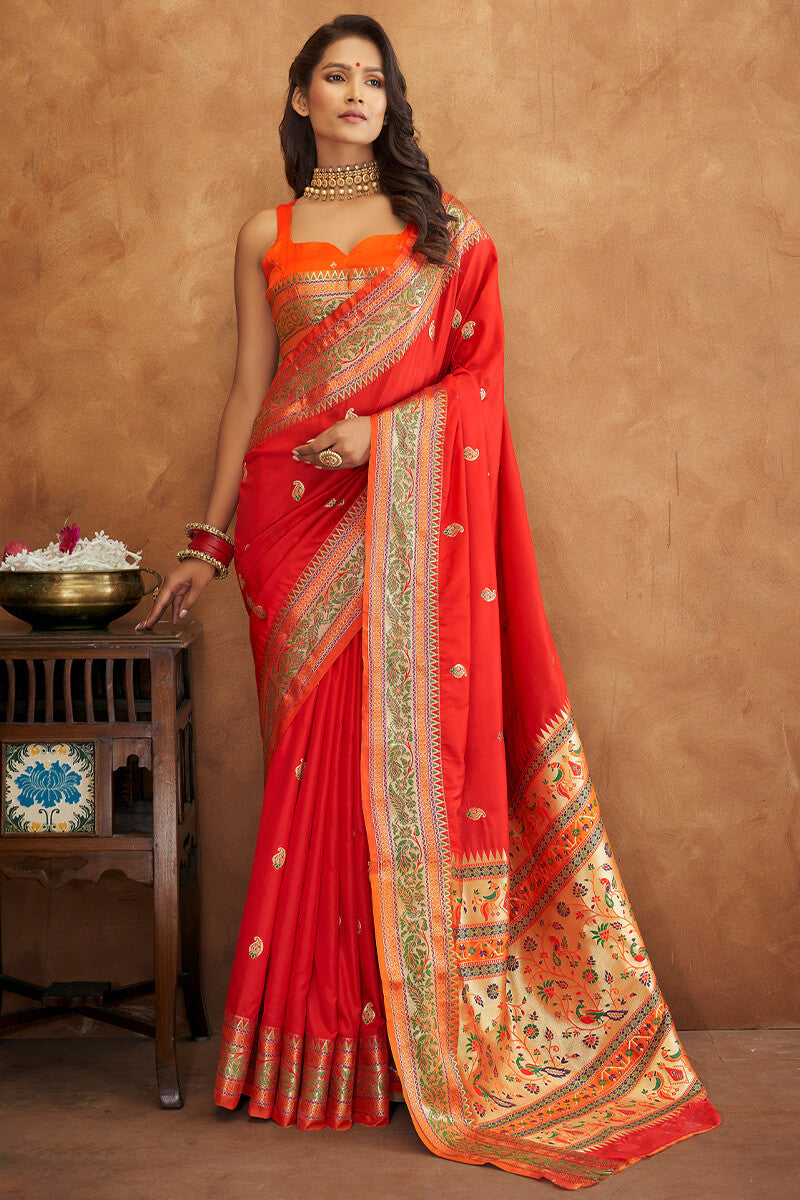 Orangey Red Zari Woven Banarasi Silk Saree