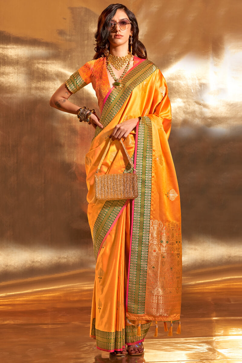 Orangey Yellow Banarasi Satin Silk Saree