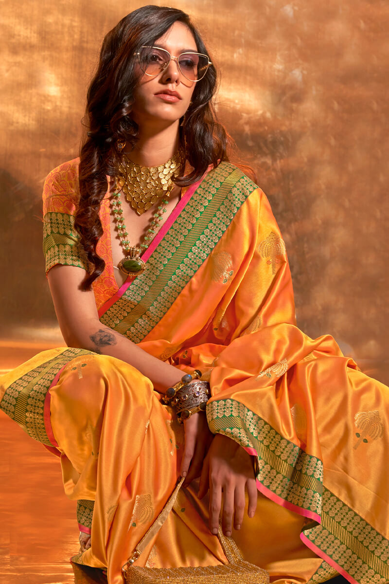 Orangey Yellow Banarasi Satin Silk Saree