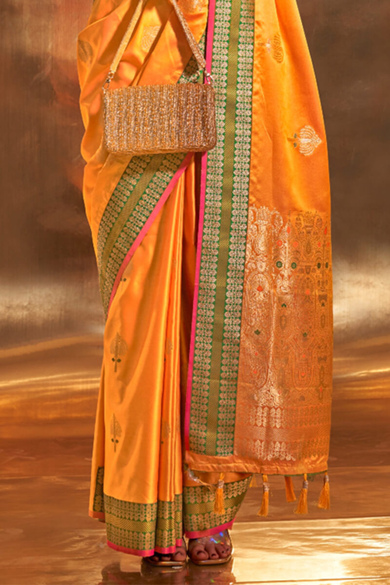 Orangey Yellow Banarasi Satin Silk Saree