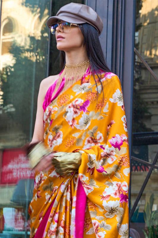 Orangey Yellow Printed Satin Silk Saree