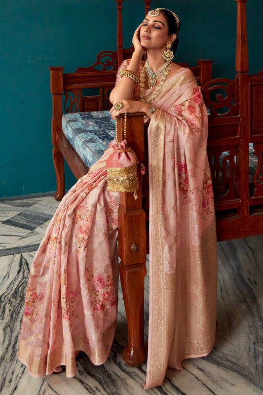 Oriental Pink Zari Woven Floral Printed Silk Saree