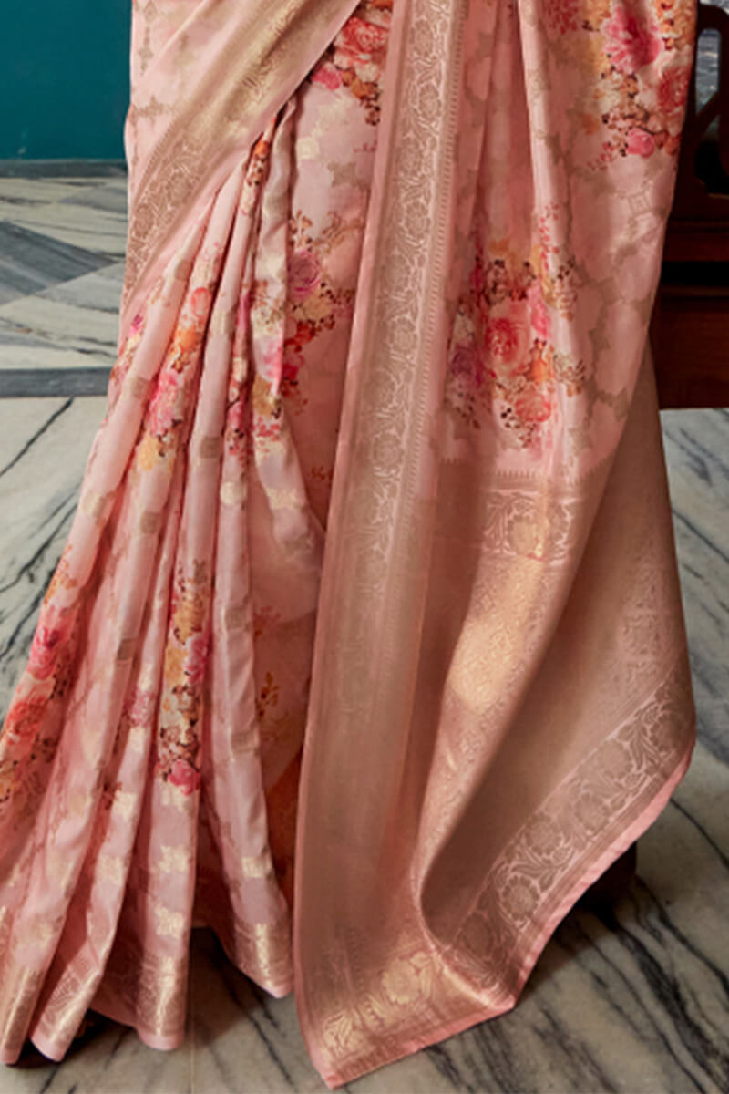 Oriental Pink Zari Woven Floral Printed Silk Saree