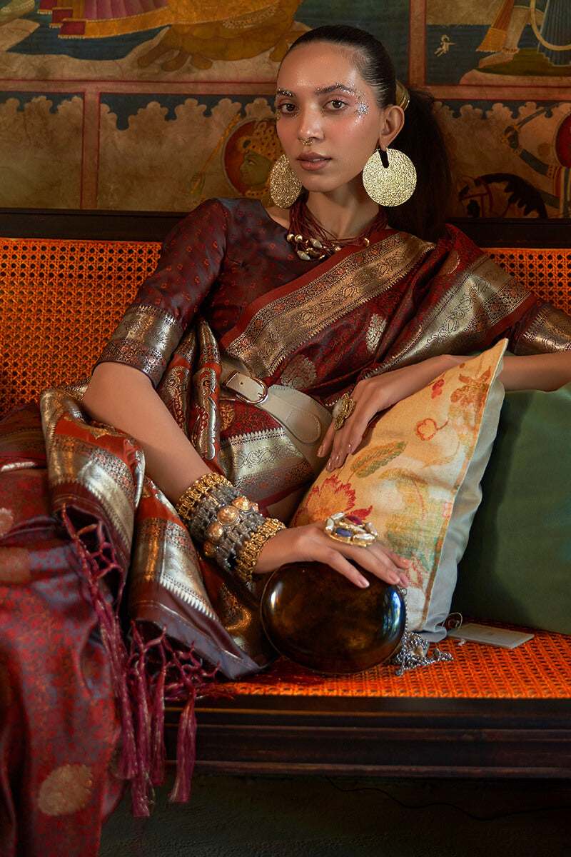 Otter Brown Zari Woven Satin Silk Saree