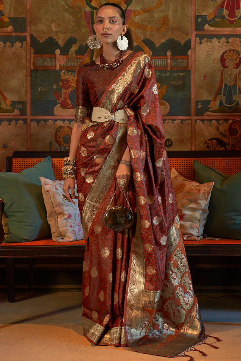 Otter Brown Zari Woven Satin Silk Saree