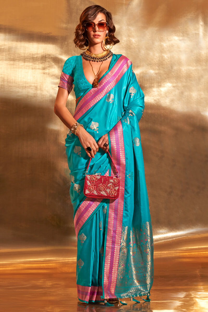 Pacific Blue Banarasi Satin Silk Saree