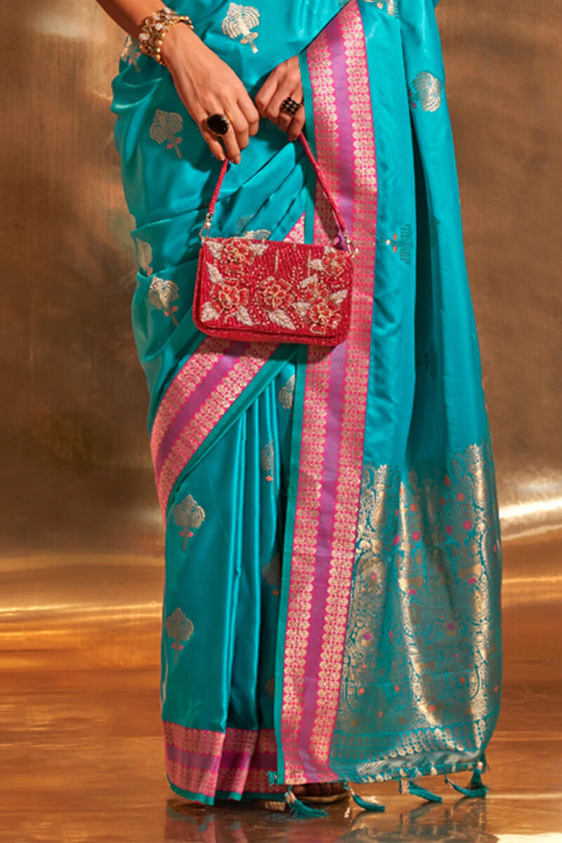 Pacific Blue Banarasi Satin Silk Saree