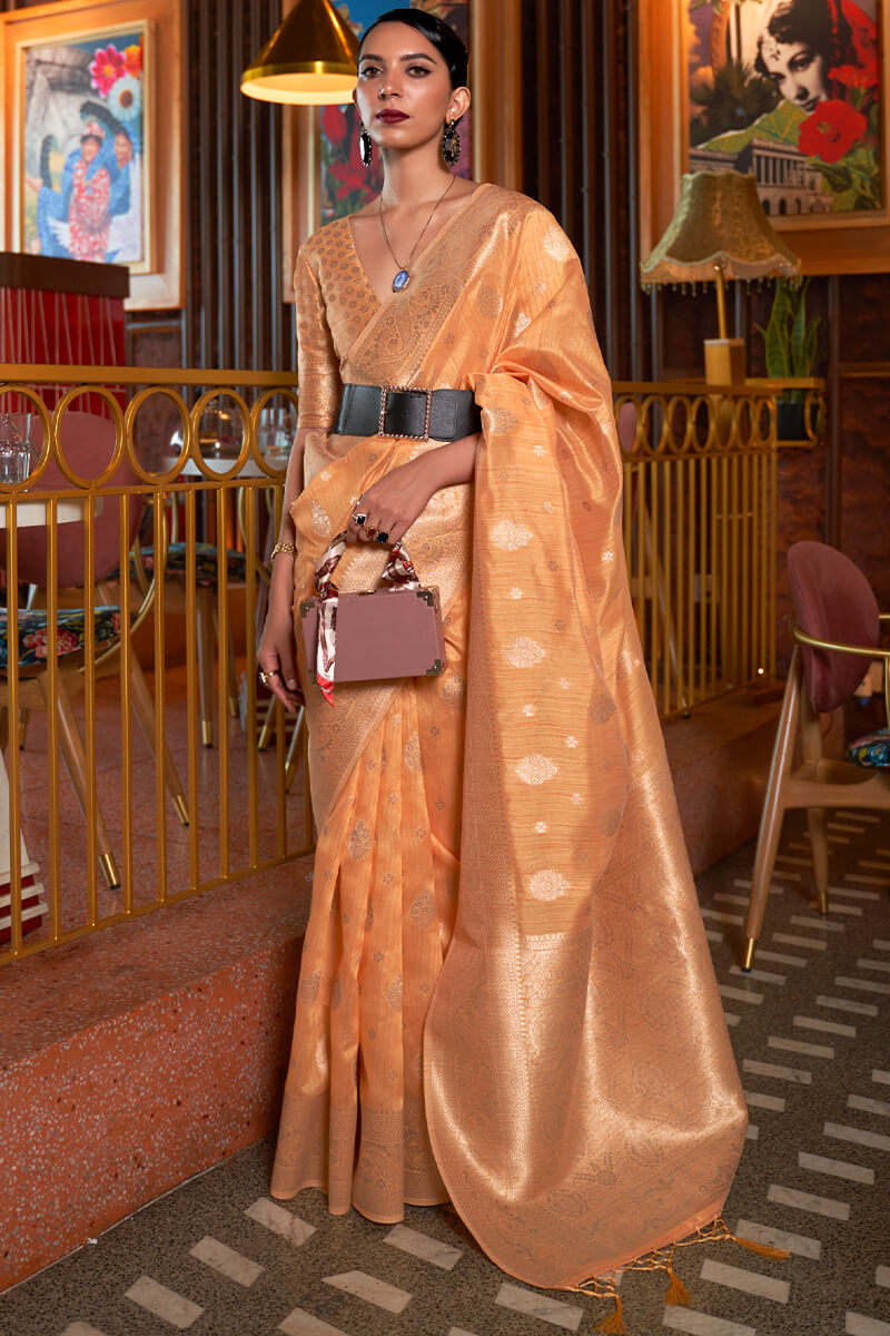 Pale Orange Zari Woven Tussar Silk Saree