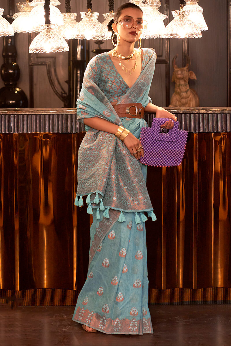 Pale Sky Blue Copper Zari Woven Linen Silk Saree