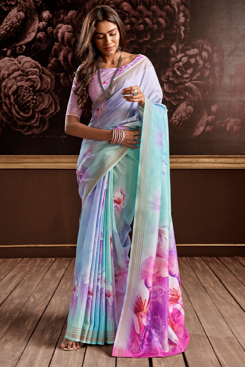 Pale Sky Blue Floral Printed Silk Saree