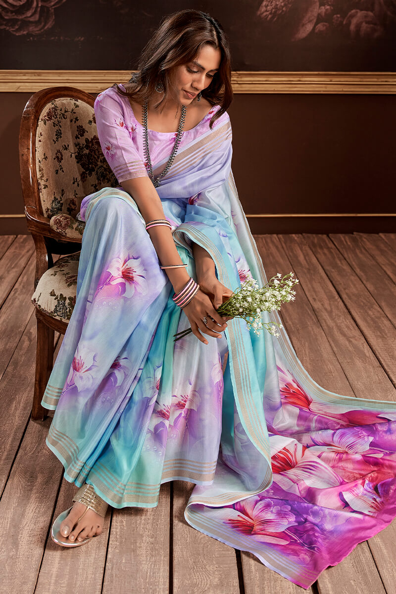 Pale Sky Blue Floral Printed Silk Saree