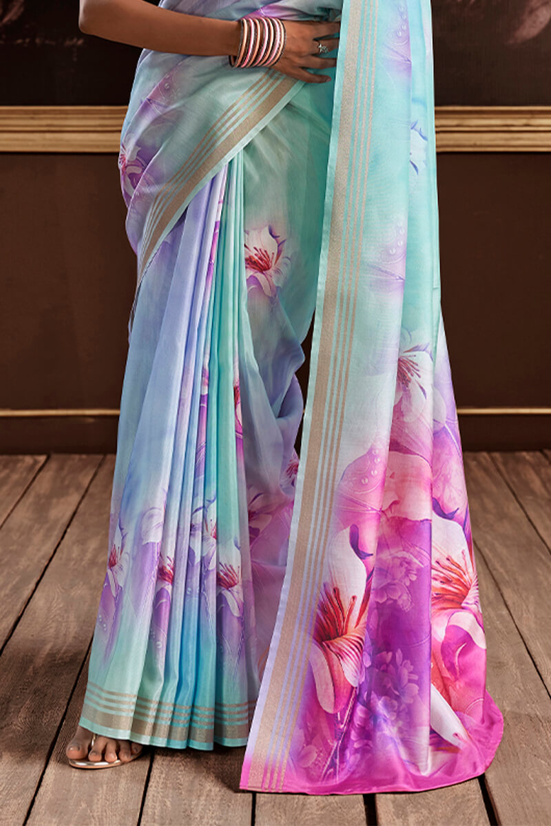 Pale Sky Blue Floral Printed Silk Saree