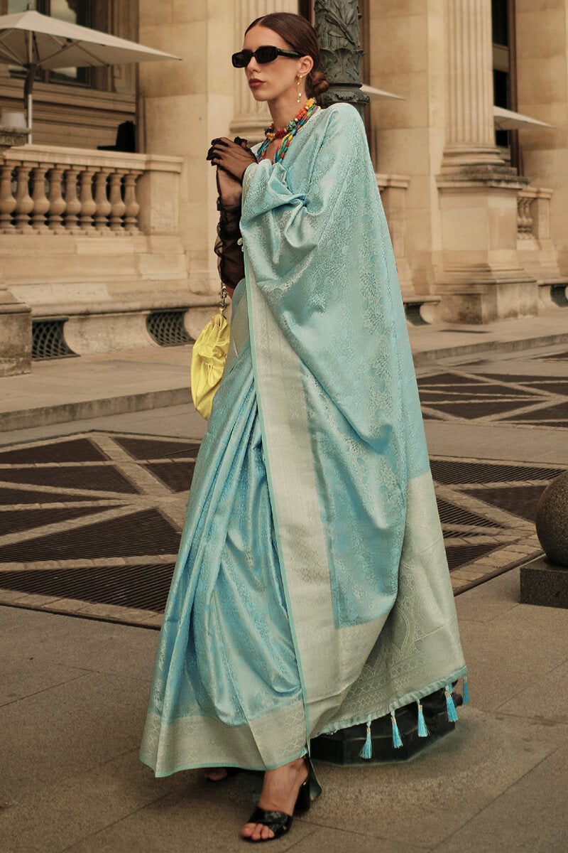 Pale Sky Blue Zari Woven Banarasi Satin Silk Saree