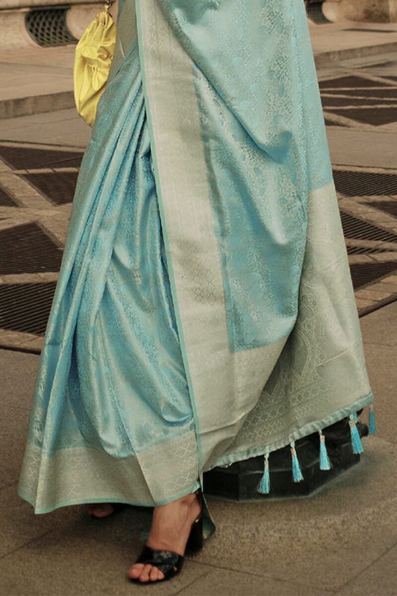 Pale Sky Blue Zari Woven Banarasi Satin Silk Saree