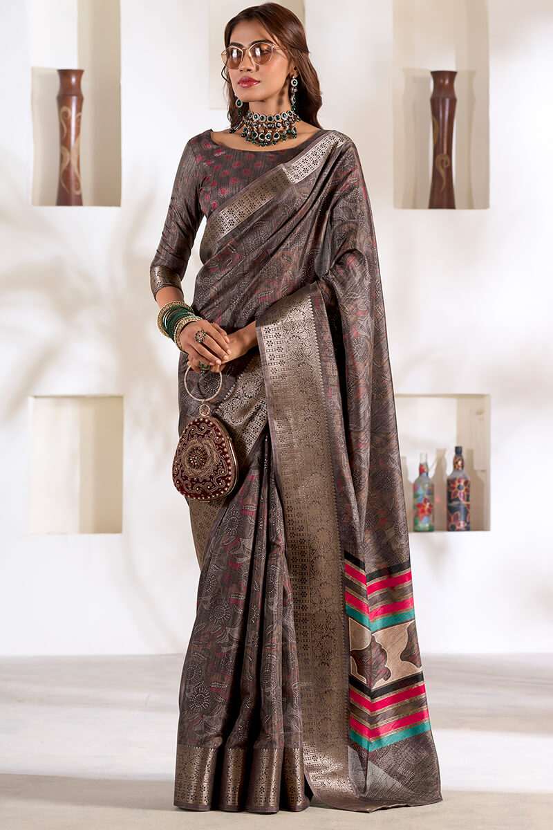 Pastel Brown Foil Printed Dola silk saree