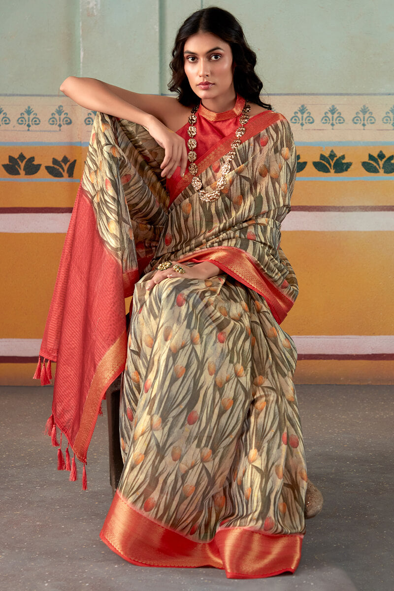 Pastel Brown Zari Woven Printed Tissue Silk Saree