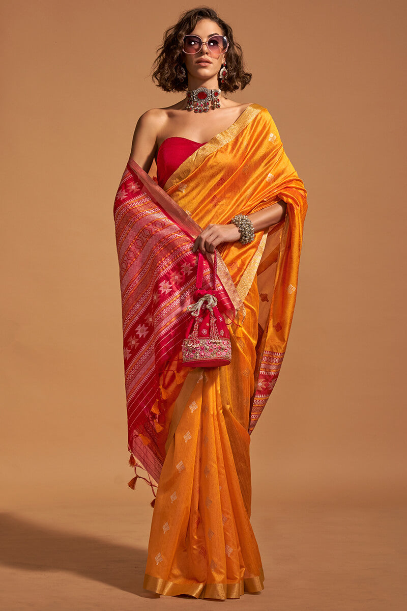 Pastel Orange Zari Woven Banarasi Silk Saree