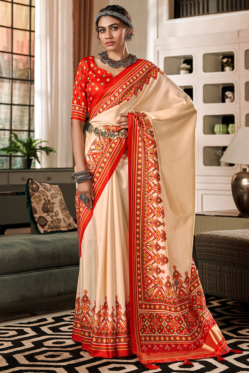 Pavlova Beige Patola Silk Saree