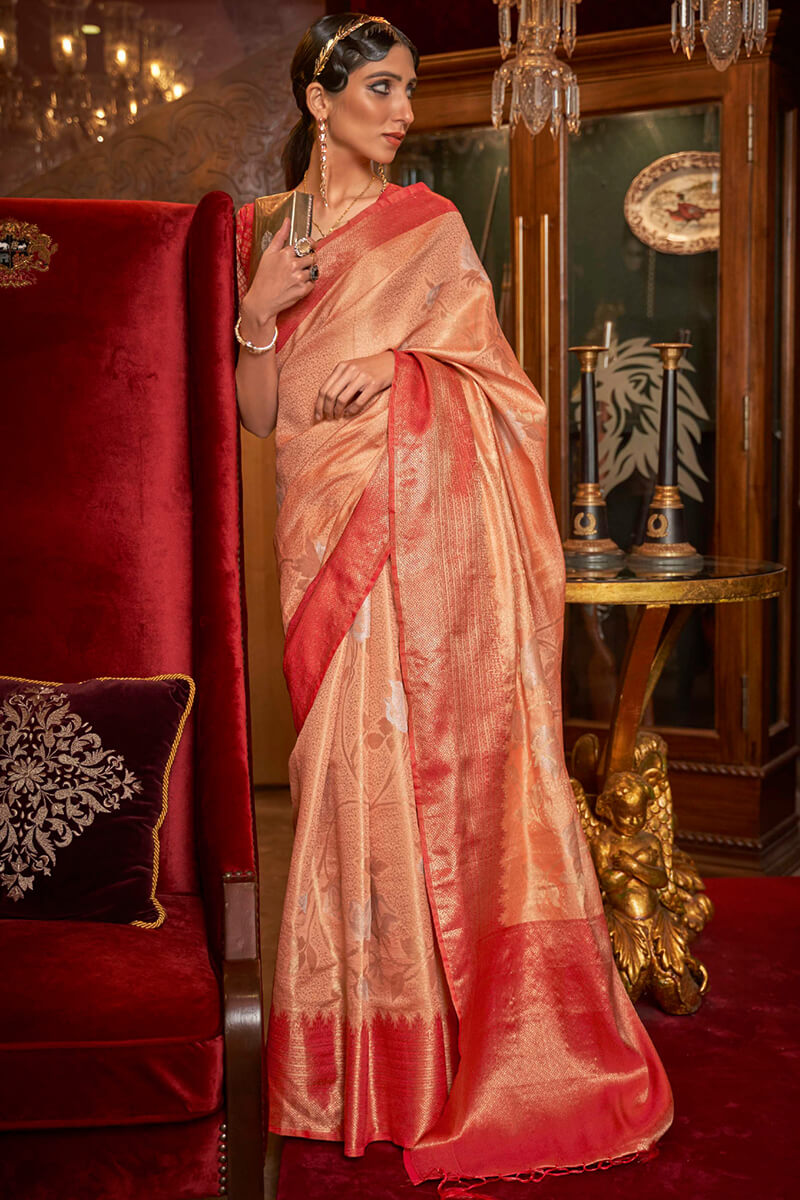 Peach and Red Kanjivaram Silk Saree