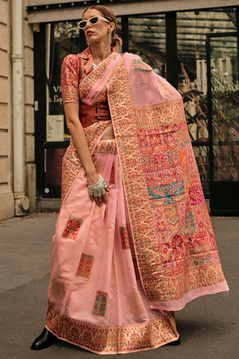 Peachy Pink Kashmiri Weaving Pashmina Silk Saree