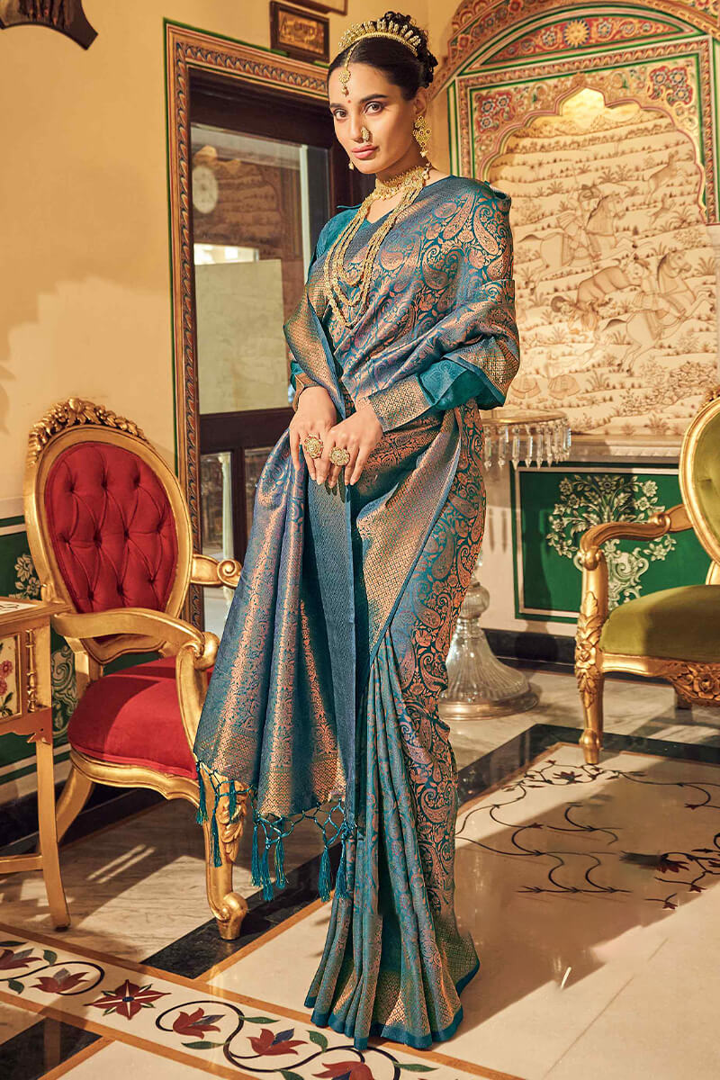 Peacock Blue Woven Kanjivaram Silk Saree